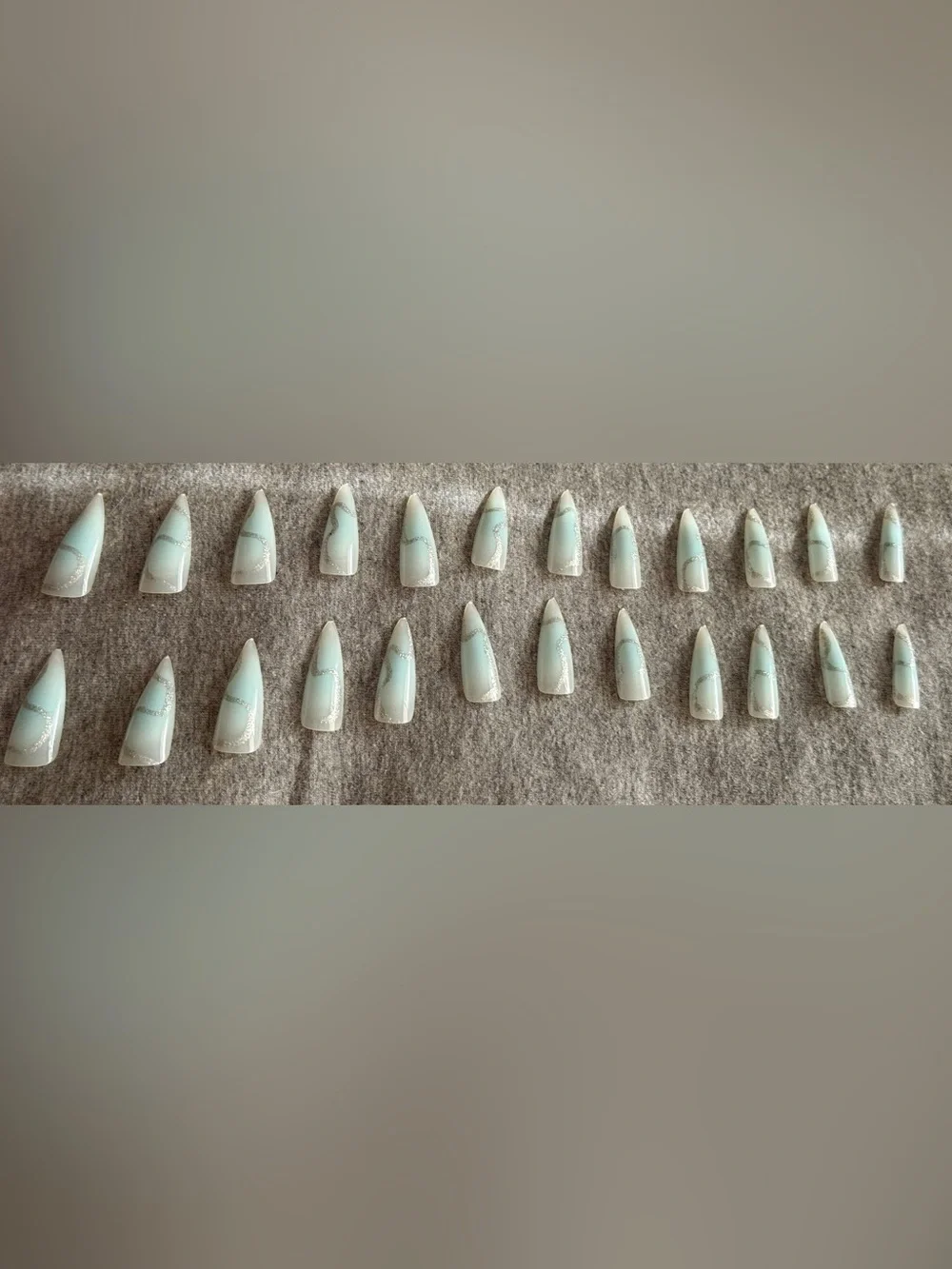 Stiletto Press-On Nails — Mint Green with Silver Glitter Swirl